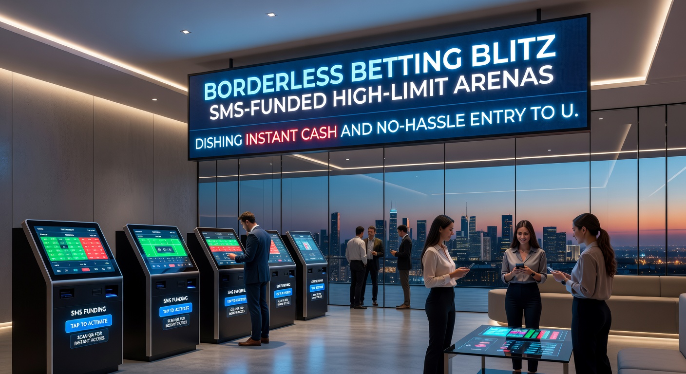 Close-up of a mobile phone screen displaying a successful SMS deposit confirmation for a £2,000 bet on a horse race, alongside a pending instant withdrawal request in a sleek high-limit betting app