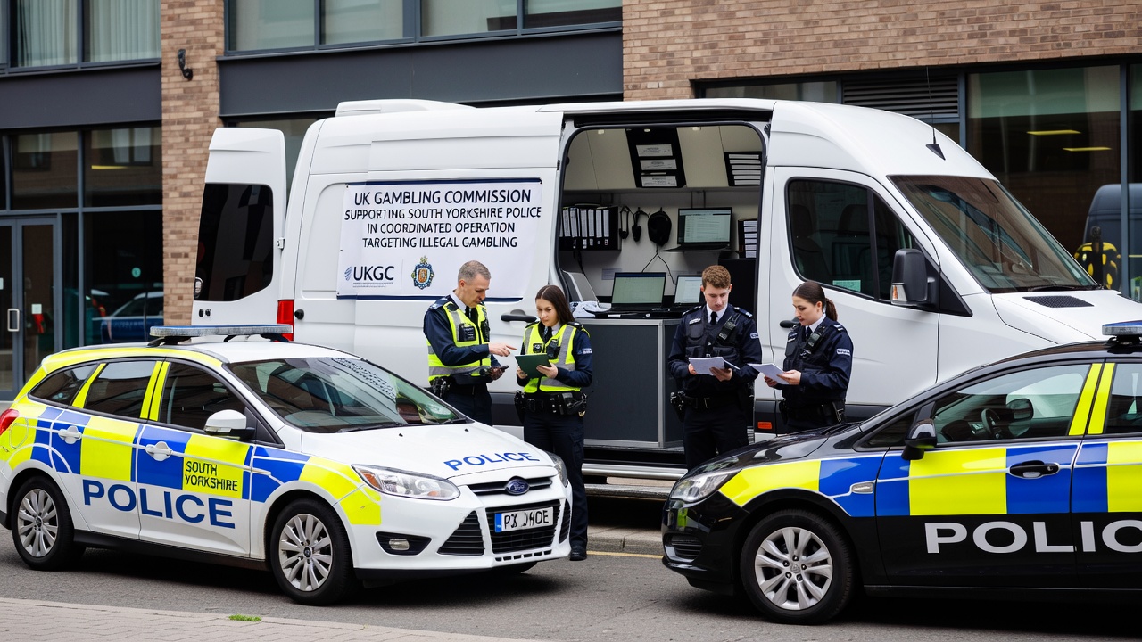 Police vehicles and regulatory team outside a property in Doncaster during the gambling enforcement action
