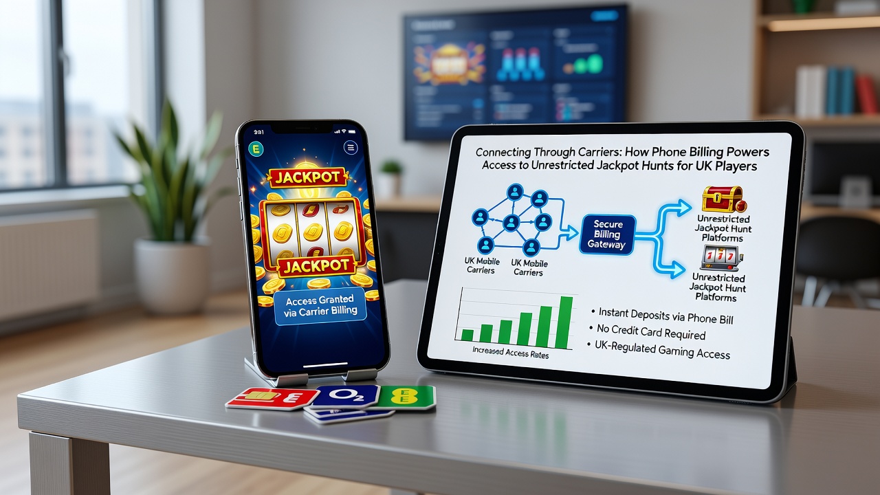 Illustration of network towers and mobile devices linking to global casino jackpot networks