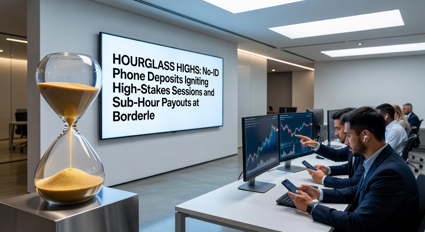 Sleek mobile phone screen showing a no-ID deposit confirmation, transitioning to a high-stakes poker table with a timer ticking down to payout, against a backdrop of global casino lights