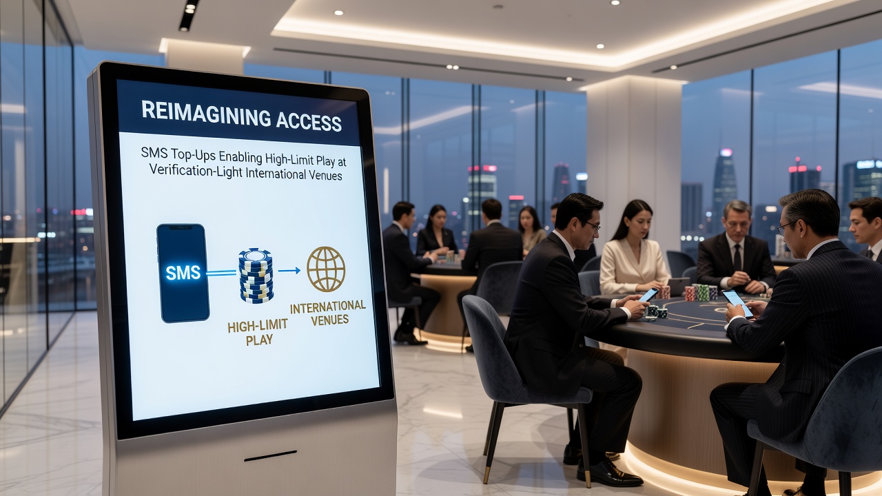 Mobile phone displaying SMS top-up confirmation for international casino access