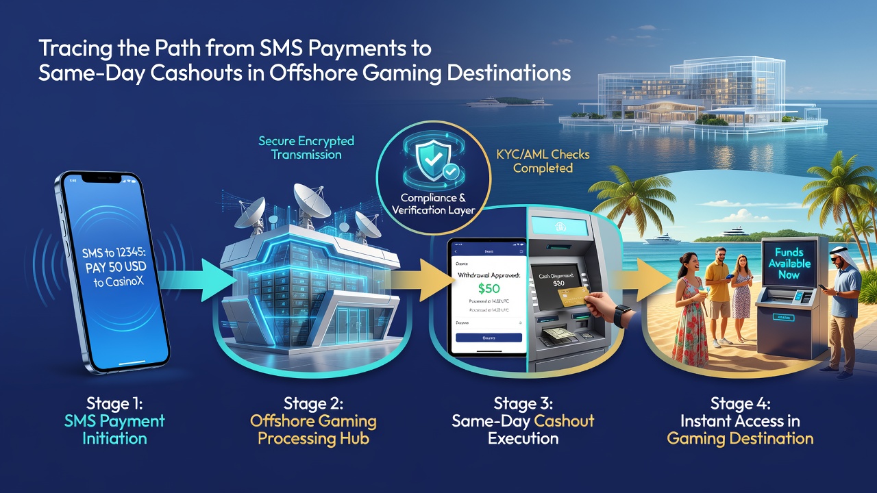 Infographic displaying SMS deposit flow leading to instant withdrawal options at offshore sites